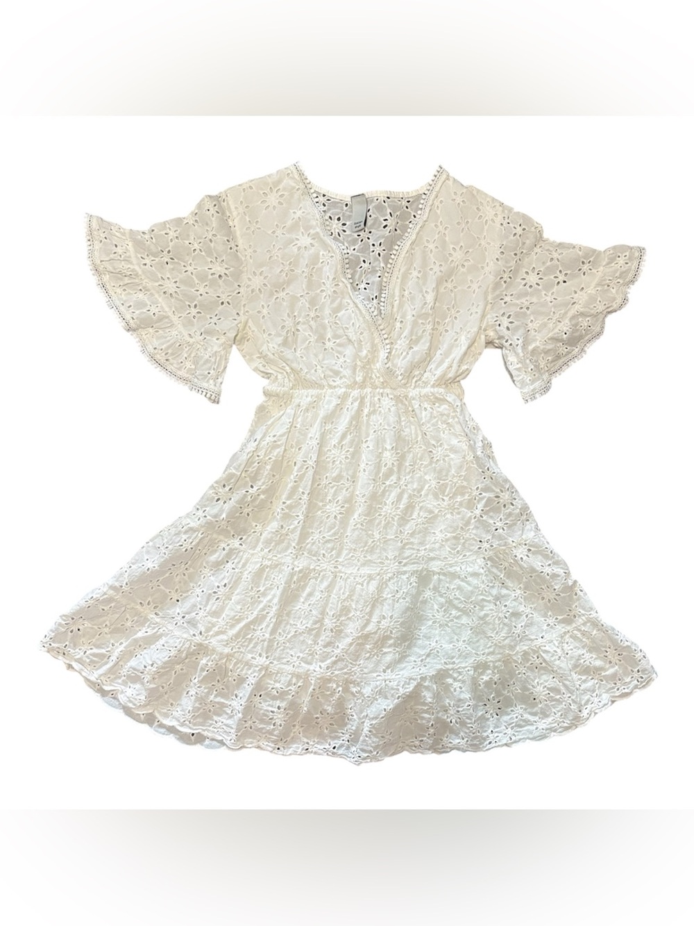 White Eyelet Mini Dress with Flutter Sleeves -